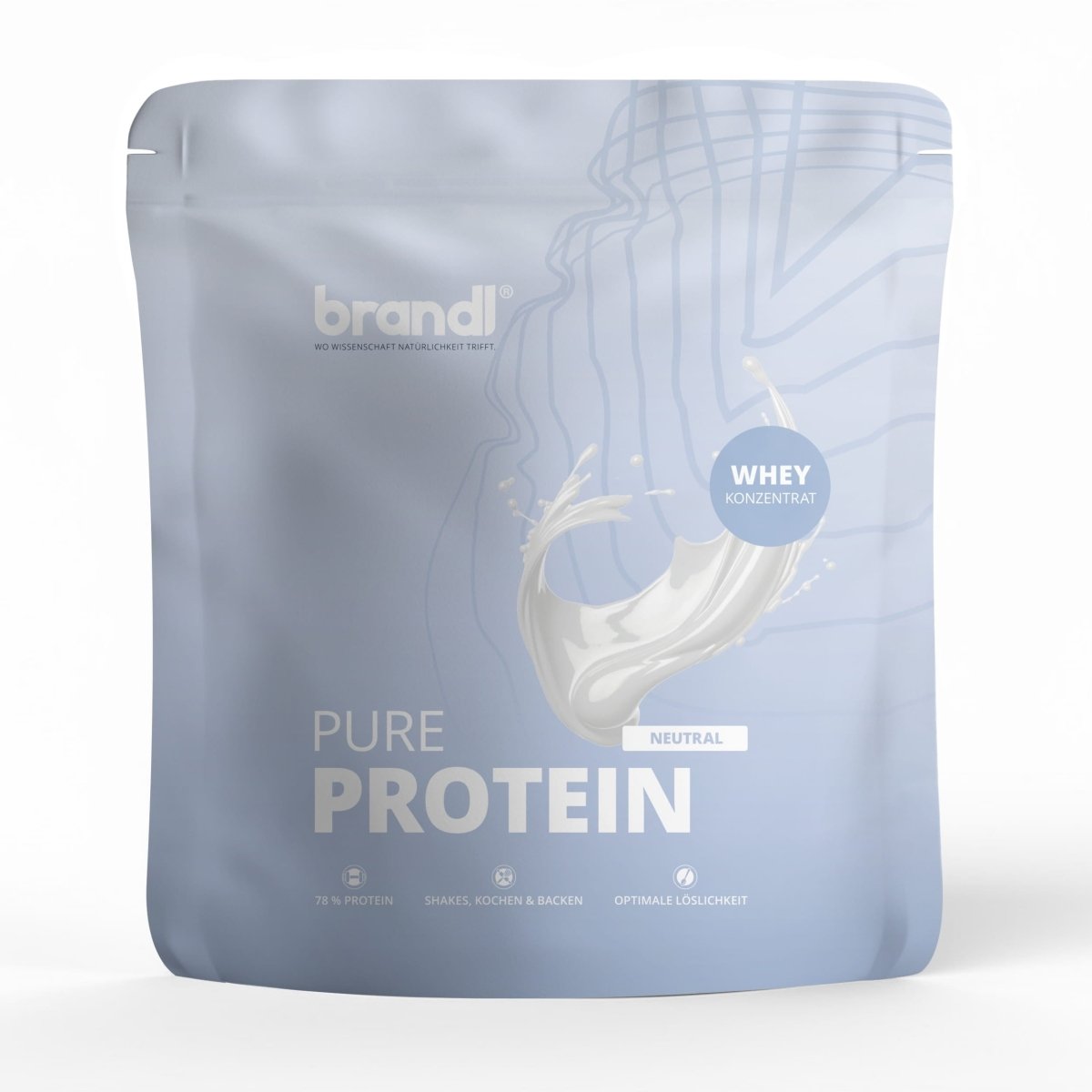 Ein hellblauer wiederverschließbarer beutel pure protein 2.0 whey in neutraler geschmack von brandl