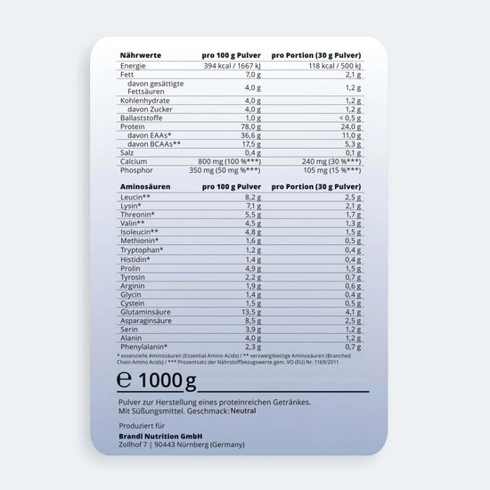 Ein hellblaues rechteckiges etikett für brandl nutrition gmbh proteinpulver pure protein 2.0 whey 1000g