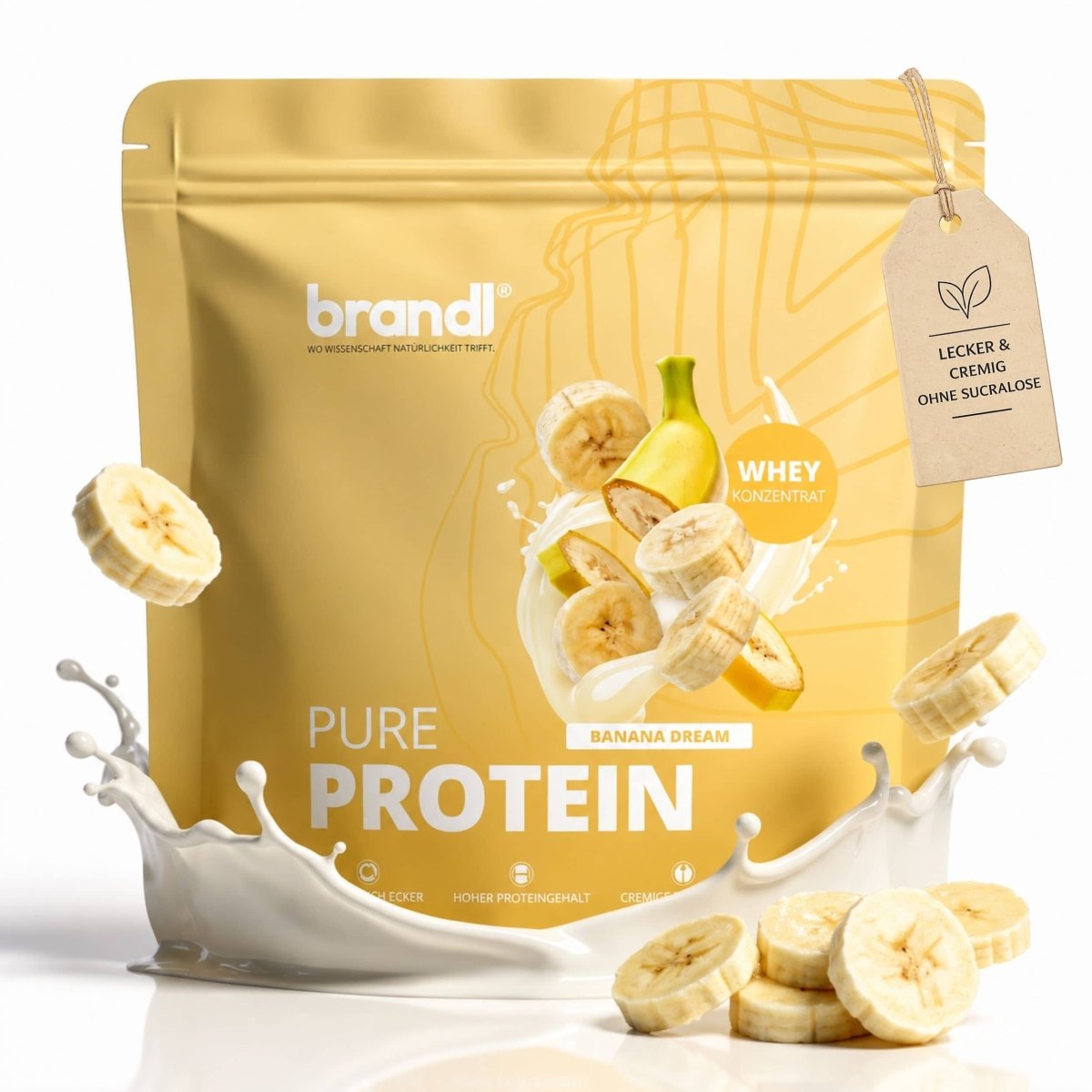 Eine goldgelbe packung pure protein 2.0 whey von brandl mit bananentraummotiv und bananenscheiben darauf