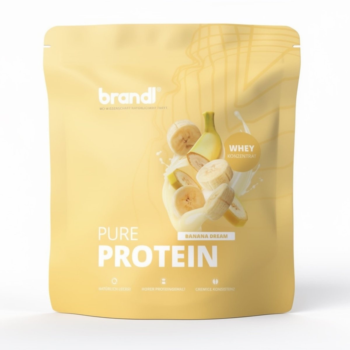 Gelber pouch von brandl pure protein 2.0 whey in bananendream geschmack für proteinergänzung