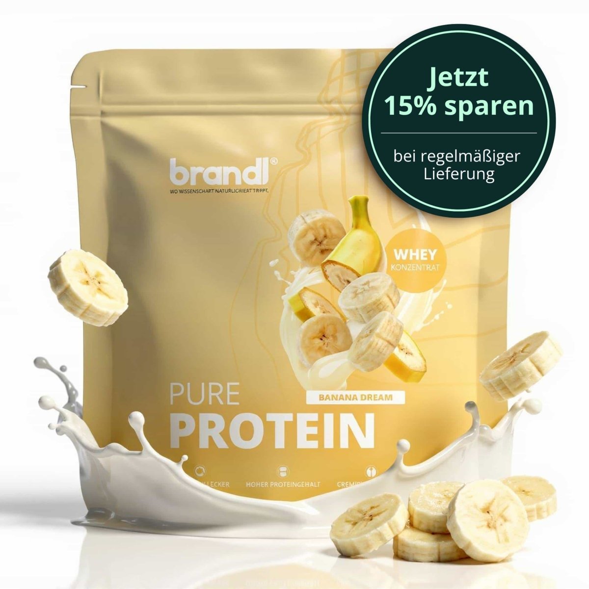 Goldfarbener wiederverschließbarer beutel pure protein 2.0 whey banana dream mit bananen- und milchdesign
