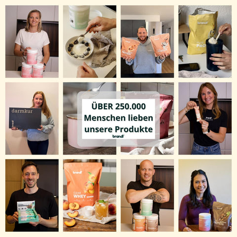Collage aus Kundenfotos mit brandl Produkten – über 250.000 Menschen lieben unsere Produkte