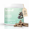 Ein hellgrüner zylinderförmiger behälter mit weißen deckel von brandl shilajit extrakt kapseln mit braunen kapseln am boden