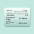 Weißes rechteckiges etikett für 120 kapseln shilajit extrakt supplement von brandl nutrition gmbh auf der rückseite