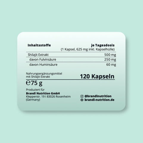 Weißes rechteckiges etikett für 120 kapseln shilajit extrakt supplement von brandl nutrition gmbh auf der rückseite