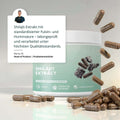 Ein hellgrüner zylinderförmiger behälter mit weißem deckel für shilajit extrakt kapseln premium extrakt mit bilder von shilajit steinen und kapseln