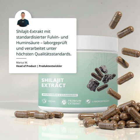 Ein hellgrüner zylinderförmiger behälter mit weißem deckel für shilajit extrakt kapseln premium extrakt mit bilder von shilajit steinen und kapseln