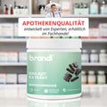 Brandi shilajit extrakt kapseln in weißem zylinder mit mintgrünem etikett und dunklen stückchen shilajit