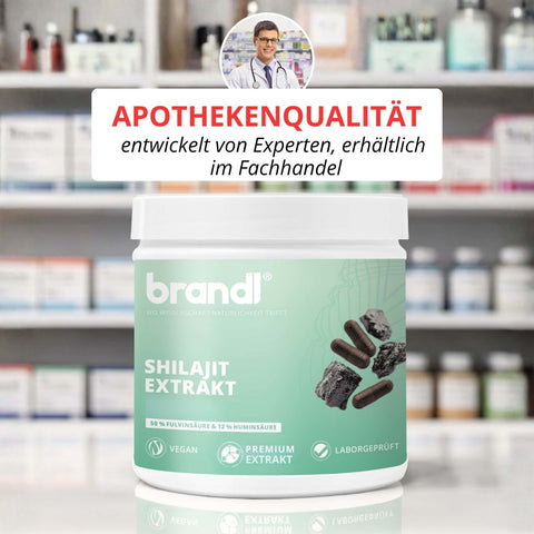 Brandi shilajit extrakt kapseln in weißem zylinder mit mintgrünem etikett und dunklen stückchen shilajit