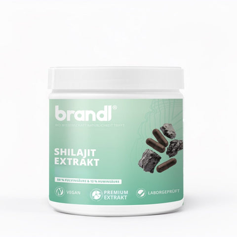 Weißer zylindrischer behälter mit mintgrünem label brandi und shilajit extrakt kapseln mit dunkelbraunen kapseln