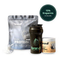 Schwarze shakerflasche mit grünem logo und text aus dem sport basics bundle vegan für vegane fitnessnutzer