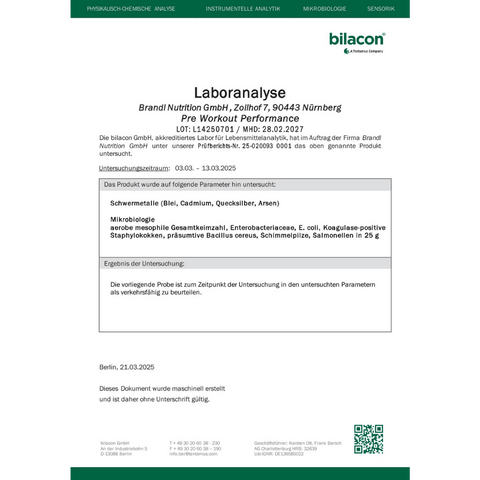 Ein formelles Laboranalysedokument von bilacon mit schwarzem Text auf weißem Hintergrund und grünen Akzenten im Kopf- und Fußbereich.