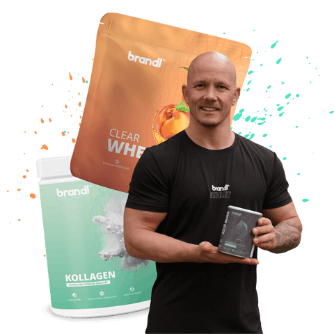 Orange- und türkisfarbene Marken-Supplement-Beutel mit Pfirsich-Bildern für klares Whey-Protein und Kollagenpulver.