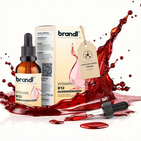 Brandi vitamin b12 tropfen flüssig in bernsteinfarbenem glasfläschchen mit schwarzem deckel und pipette neben verpackungsschachtel