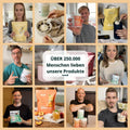 Brandt proteinpulver und vitamin d3 k2 kapseln in weißen, orangen, grünen behältern und gelber clean whey verpackung mit pfirsichmotiven