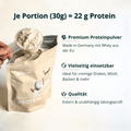 Beige pouch of brandi pure protein powder with coconut illustration premium whey protein made in germany healthy sport bundle