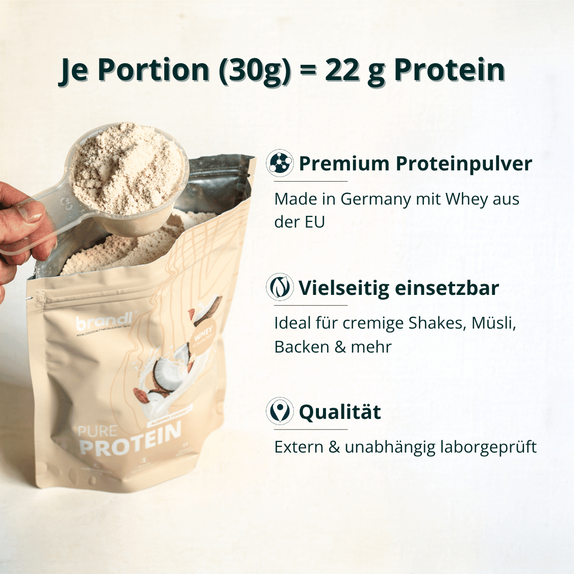 Beige pouch of brandi pure protein powder with coconut illustration premium whey protein made in germany healthy sport bundle