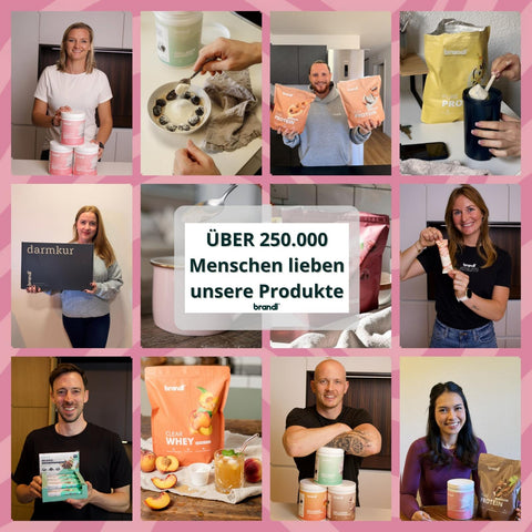 Collage aus Kundenfotos mit brandl Produkten – über 250.000 Menschen lieben unsere Produkte